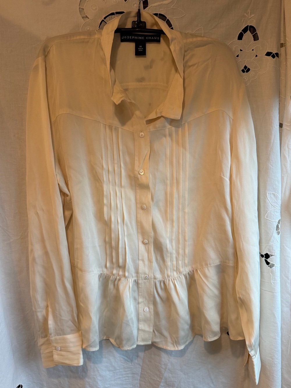 Josephine Chaus 100% Silk Blouse Size 14 Ivory Pintuck Peplum Quiet Luxury Shirt